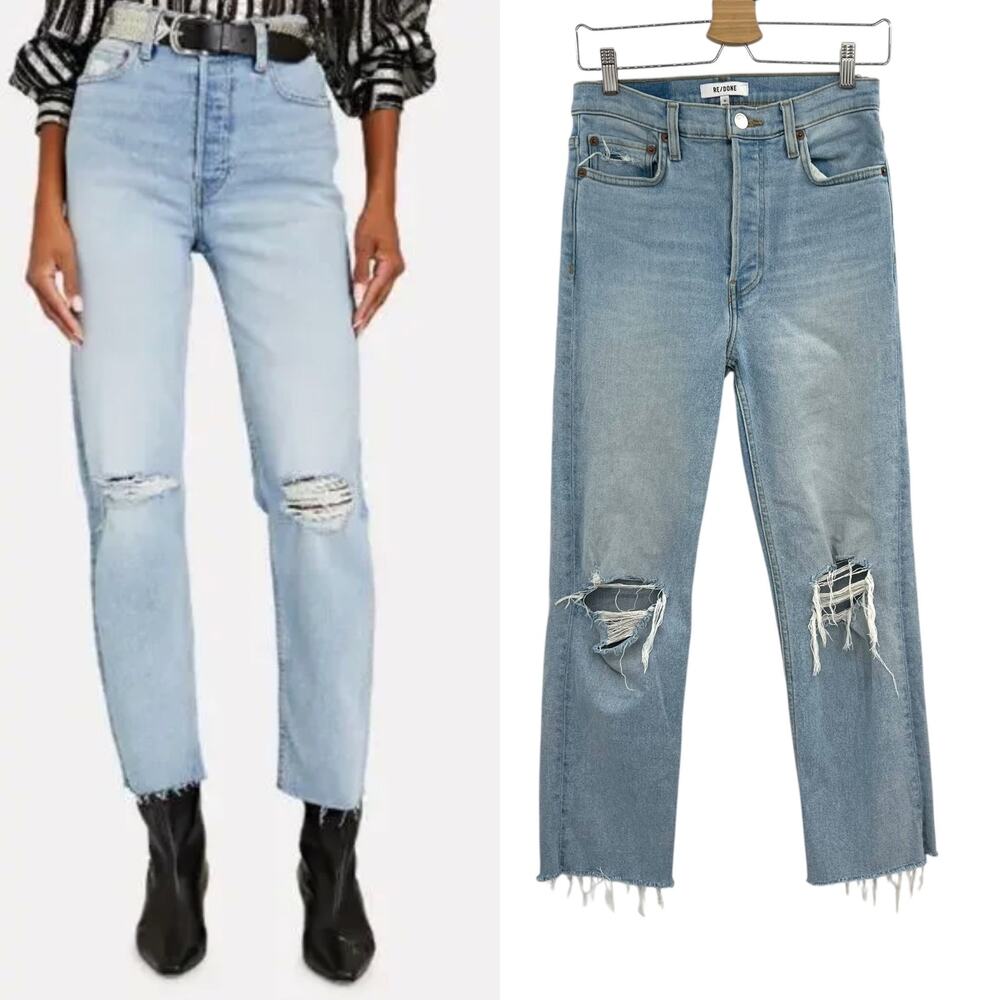 Re/Done 70s Stove Pipe Jeans Denim Seawater Destroyed Blue Size 27